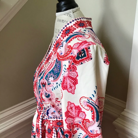 NWT Goodnight Macaroon Lola Dress Womens Small Red Blue Long Sleeve V-Neck Belt - Picture 9 of 12